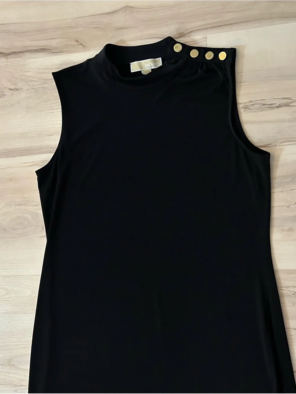 Michael Michael Kors Black Maxi Dress M  Gold Button Mock Neck Sleeveless Luxury